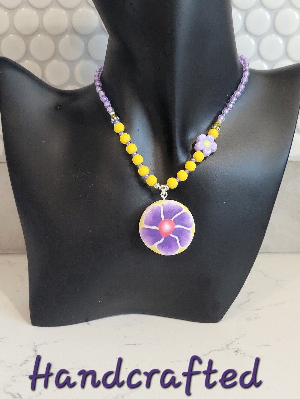 Hand Crafted Kids' Yellow and Purple Polymer Clay Flower Pendant Necklace - Picture 3 of 6